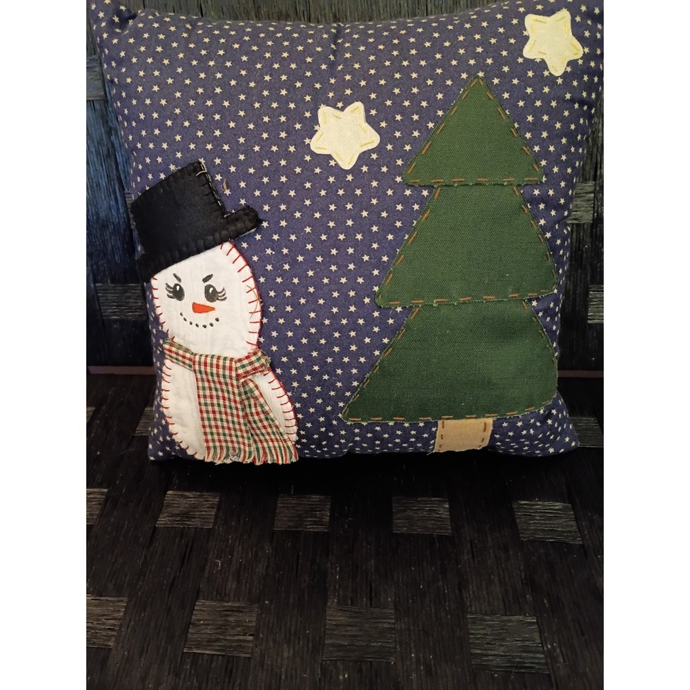 Handmade Primitive Christmas Snowman Applique Pillow Navy Star Folk Art Decor
